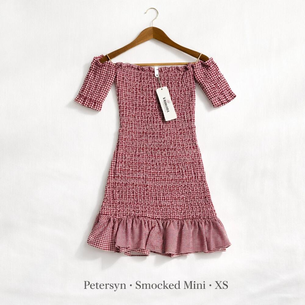 Petersyn Mini Benson Dress XS Smocked Off Shoulder Gingham Cotton NWT